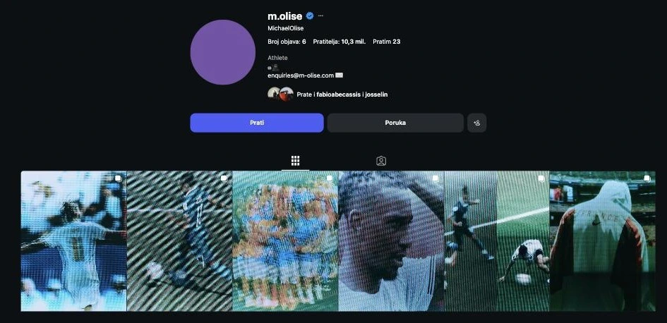 Instagram profil Michaela Olisea (@m.olise) sa &scaron;est zrnatih fotografija snimljenih s televizijskog ekrana