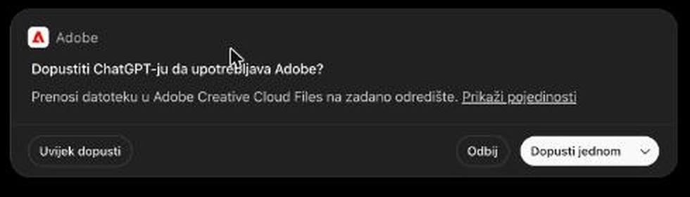 Dozvola koju Photoshop u ChatGPT-u trazi prije prijenosa fotografije u Creative Cloud
