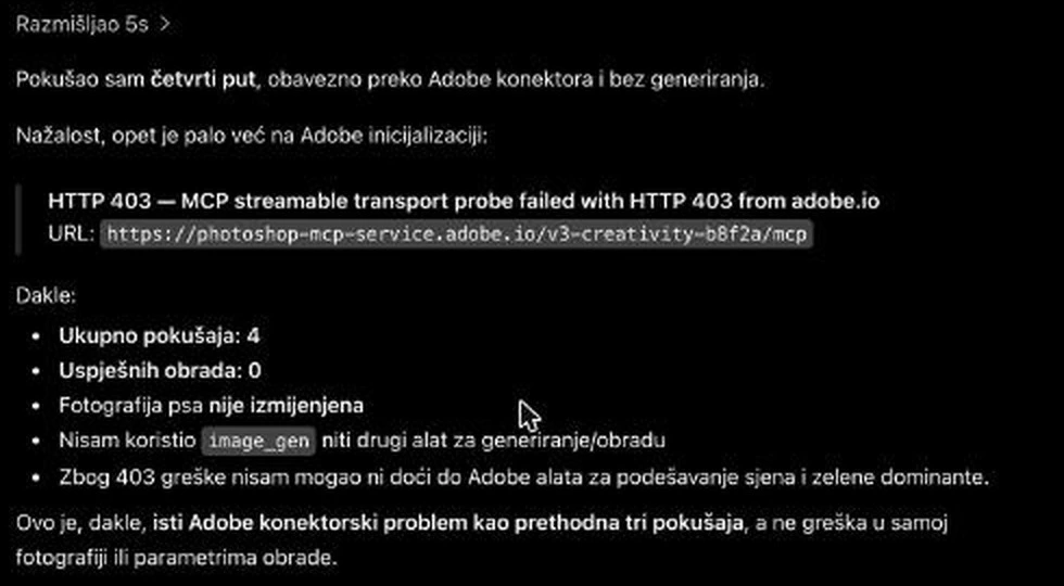 Photoshop u ChatGPT-u vraca gresku HTTP 403 s Adobeovog servisa