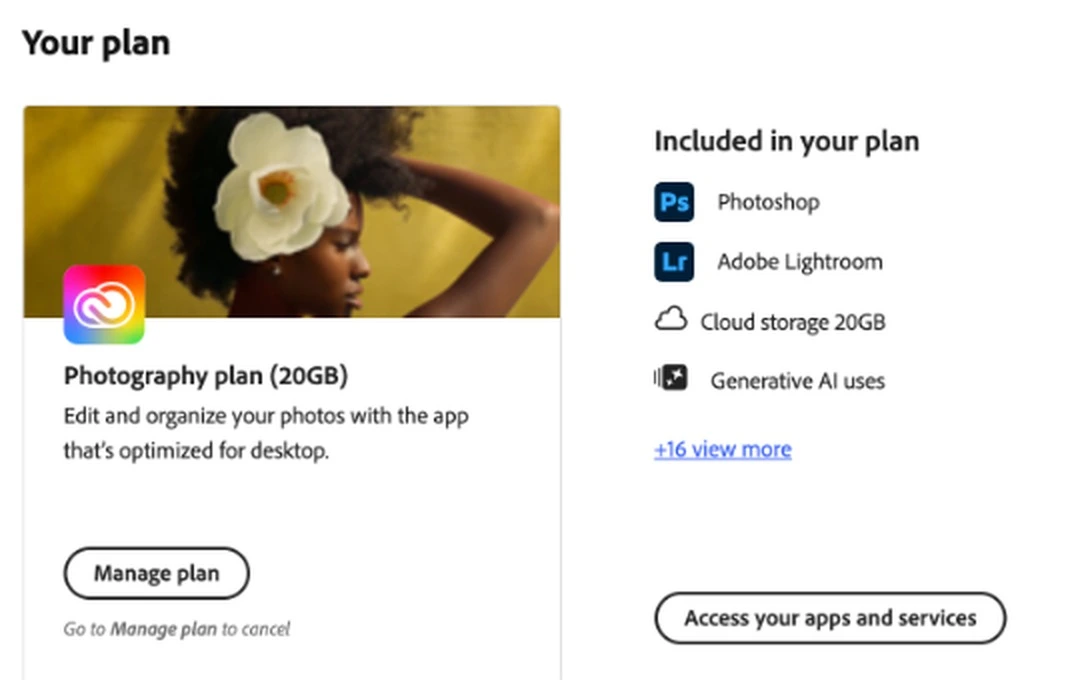 Adobe Photography plan s Photoshopom i Lightroomom, pretplata koja je koristena u testu