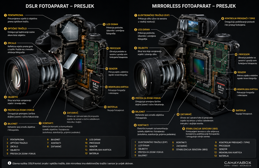 DSLR ili mirrorless: presjek oba fotoaparata s označenim dijelovima
