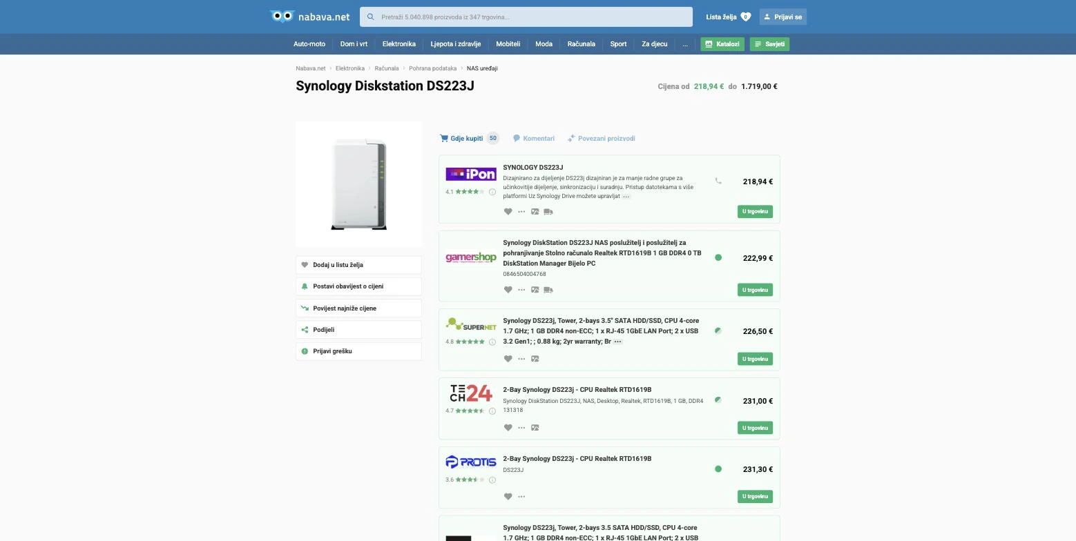 Snimka zaslona usporednika nabava.net s ponudama za Synology DS223j od 218,94 eura
