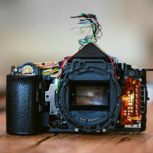 Servis fotoaparata: fotoaparat na drvenom stolu prije odlaska u servis
