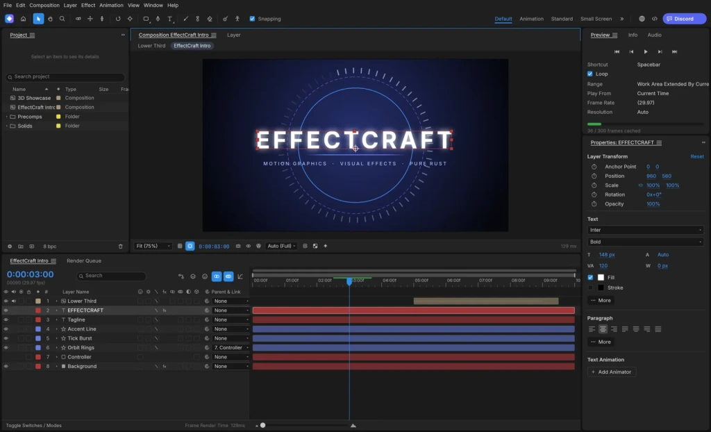 EffectCraft, alternativa After Effectsu, s kompozicijom, projektnim panelom i timelineom animiranog naslova