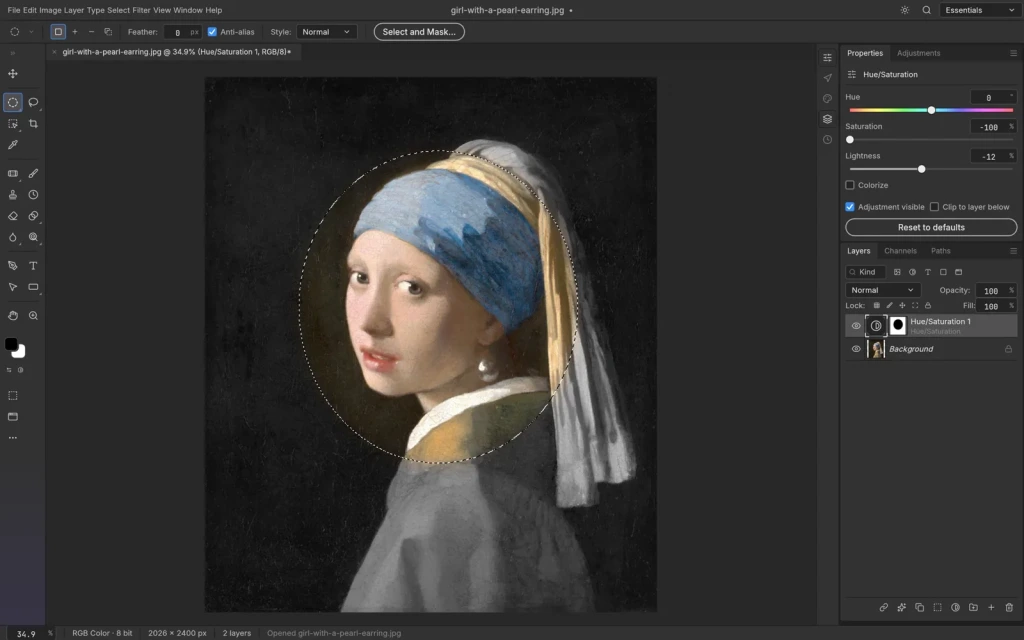 PhotoCraft eliptična selekcija i Hue/Saturation adjustment na slici Djevojka s bisernom nau&scaron;nicom